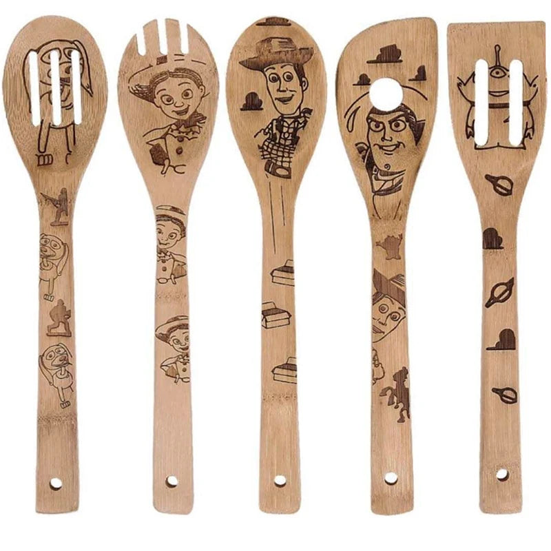 5PCS Disney Mickey Minnie Kitchen Product Anime Figure Spoon Shovel Toy Story Cartoon bamboo Shovel Kitchen baking tool set Gift