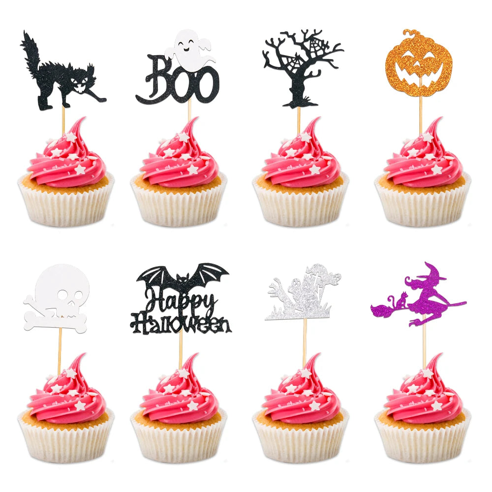 Halloween Cupcake Toppers Glitter Ghost Pumpkin Cat Boo Witch cake Picks for Happy Halloween Theme birthday party Baking Decor
