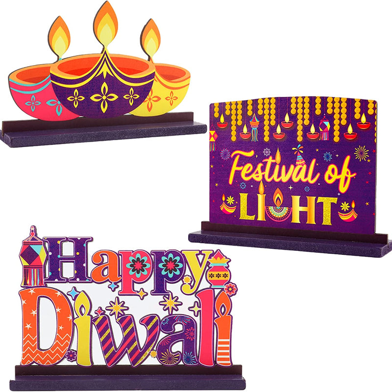 Cheereveal 3 Pcs Happy Diwali Table Decorations Indian Deepawali Wooden Centerpieces Ornament for Hindu Festival of Lights Decor