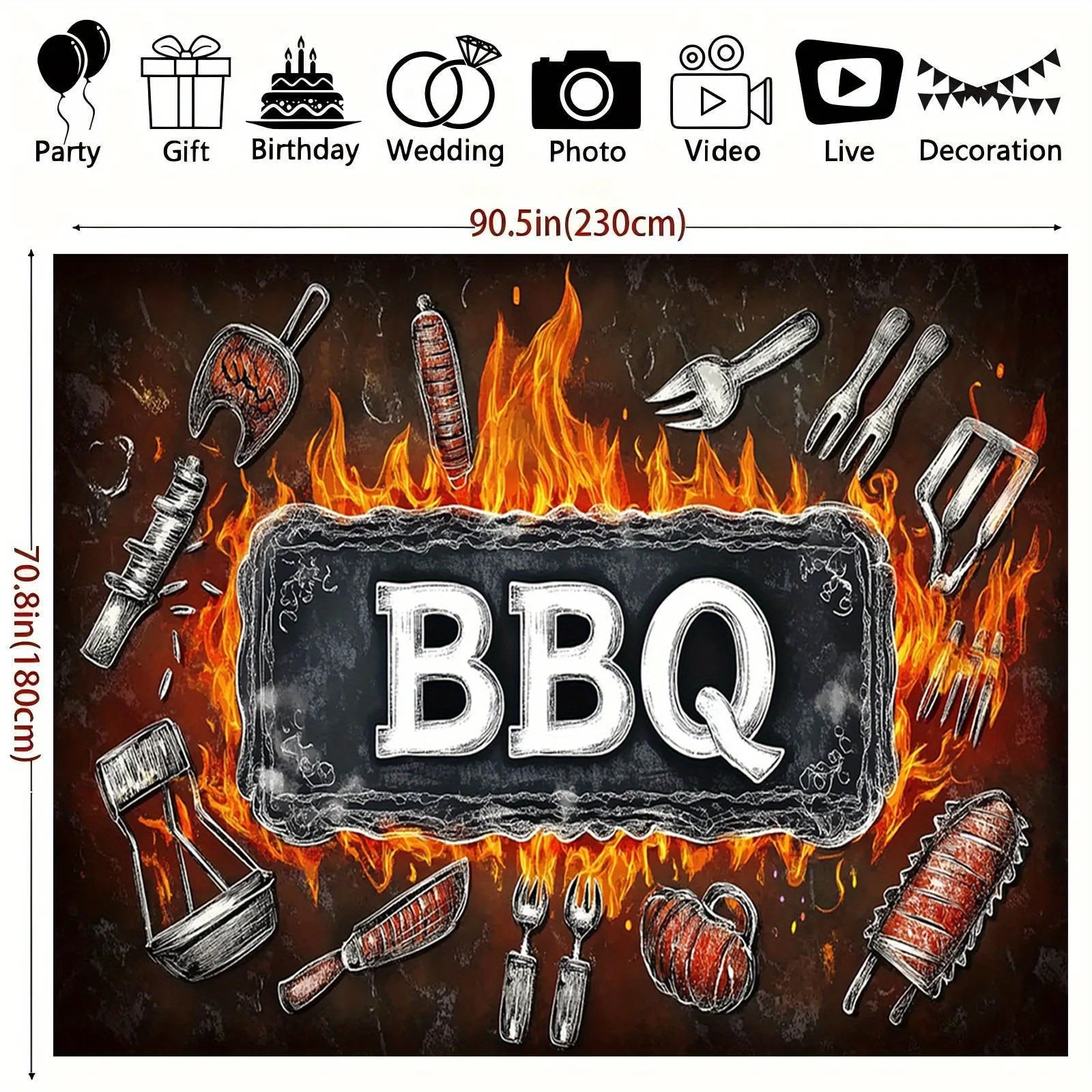 1 barbecue party banner background - polyester fabric, featuring bold barbecue letters and barbecue tool designs