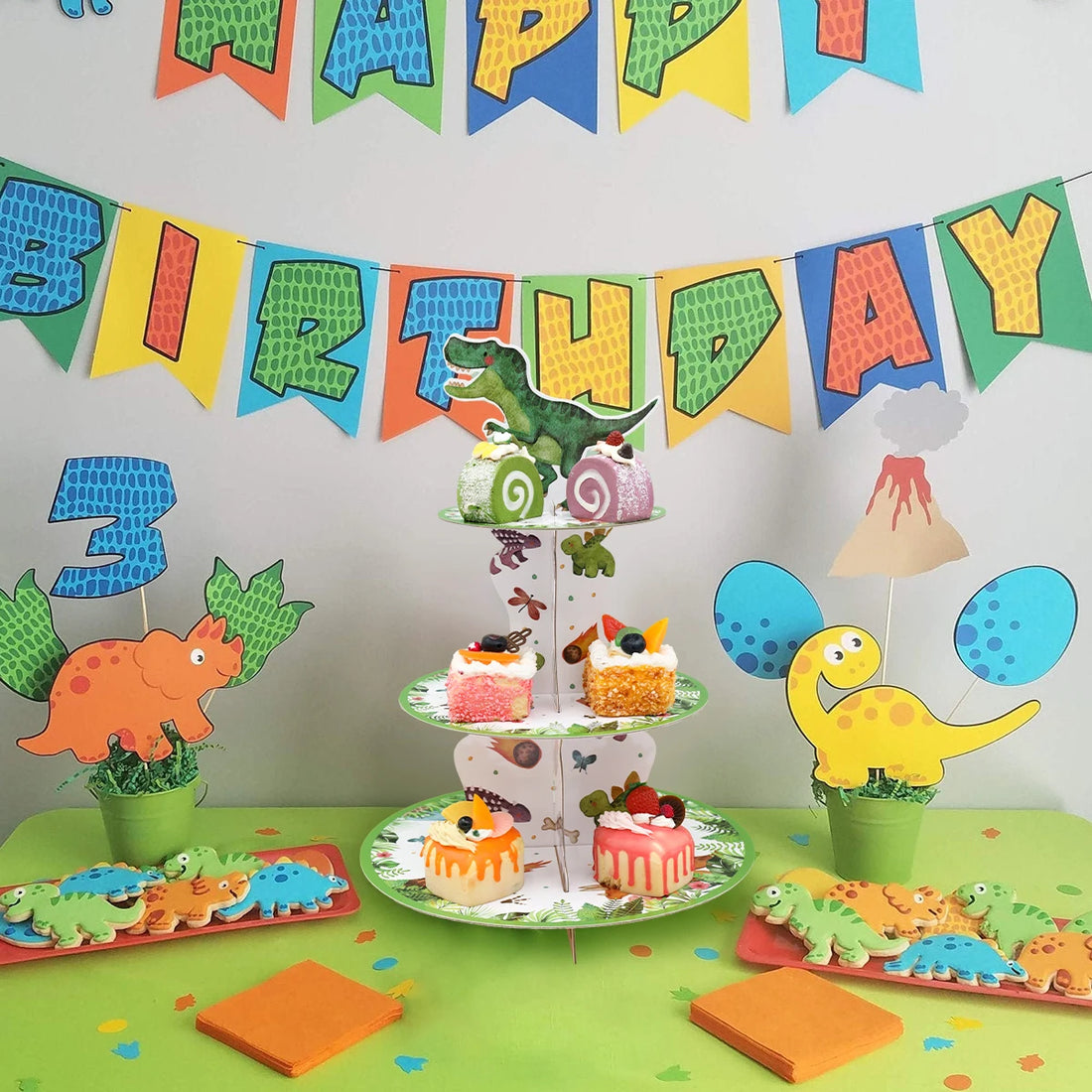 Cartoon Dinosaur Cake Stand 1st Birthday Party Decorations for Kids Boys Roar Dinosaur Theme Baby Shower Dino Party Supplies