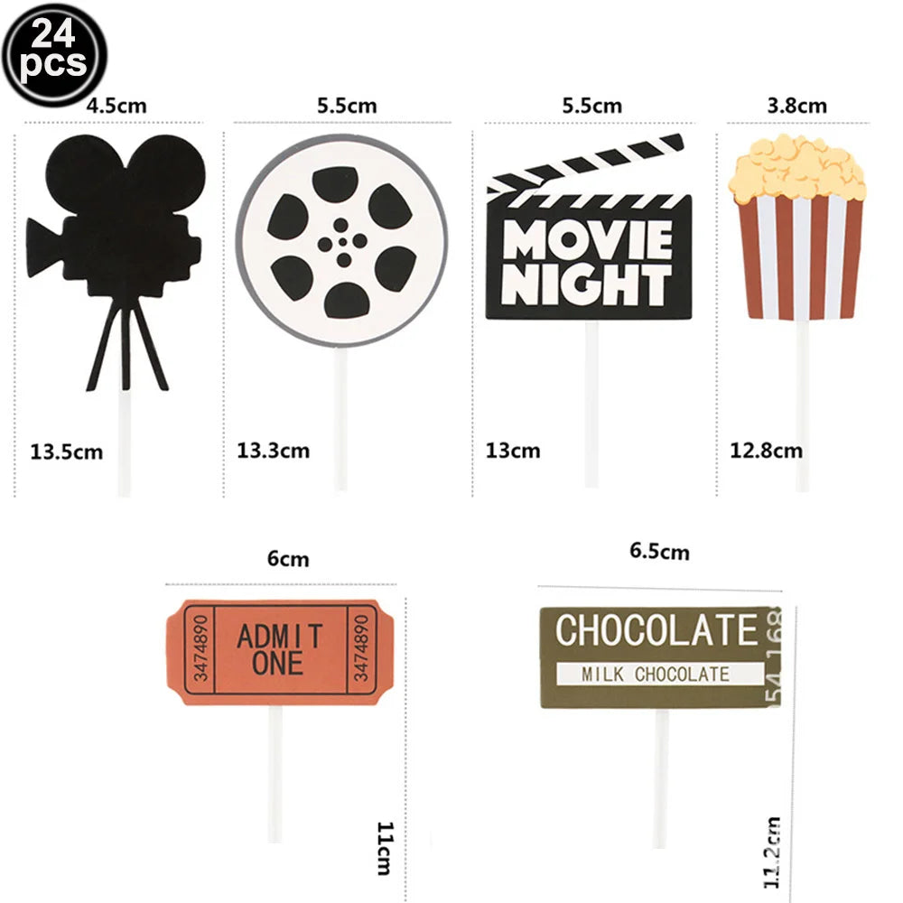 Movie Themed Party cake decor Cake topper banner Popcorn Cinema Ticket Lamplight Camera Movie Night Party Decoration cake topper