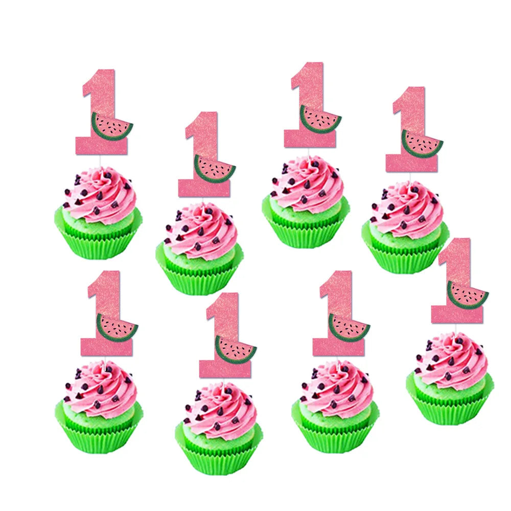 One in a Melon Cupcake Topper Baby Kids 1st Birthday Party Cake Decor Watermelon Themed Party Supplies Baby Shower Girl Birthday