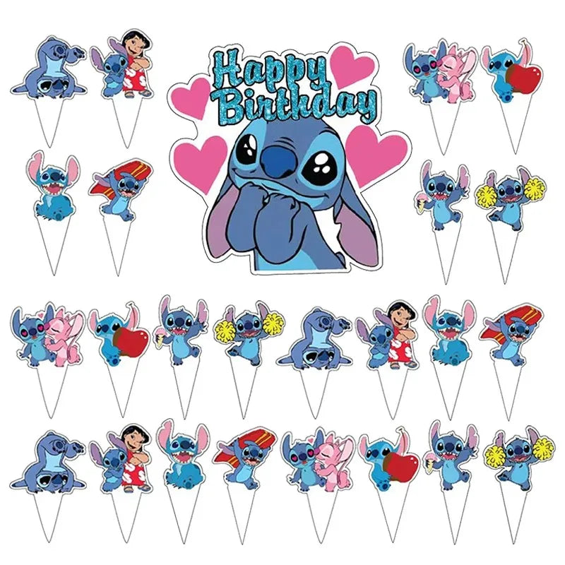 Lilo & Stitch Blue Glitter Cake Toppers Kids Favor Pink Angel Party Cake Topper Cupcake Topper for Kid Birthday Decor Baby Showe