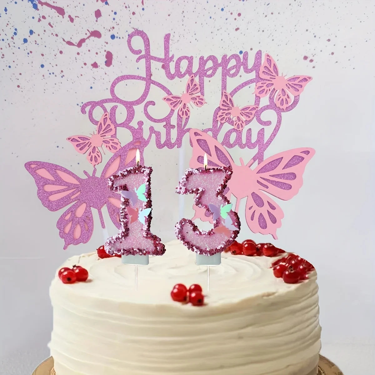 2.9inch Glitter Pink Butterfly Decorated Birthday Number Candle, Cake Decoration Sequin Butterfly Happy Birthday Gift Candles