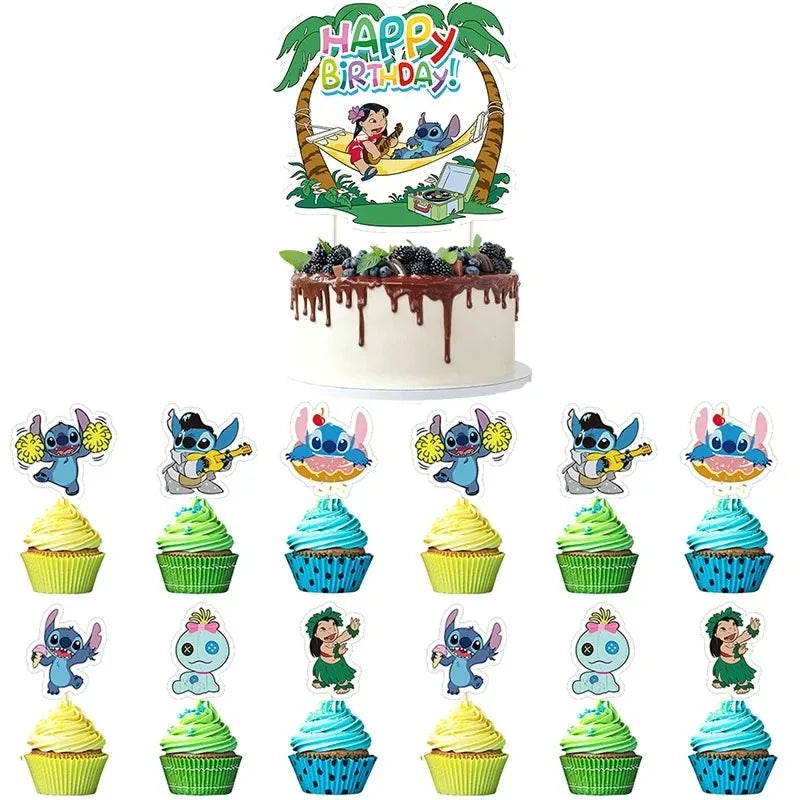 Lilo & Stitch Blue Glitter Cake Toppers Kids Favor Pink Angel Party Cake Topper Cupcake Topper for Kid Birthday Decor Baby Showe