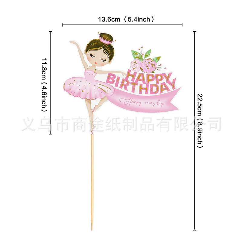 Pink Ballerina Girl Cake Topper Toppers Crown Dress Kids Happy Birthday Wedding Party Baby Shower Baking Cake Dessert DIY Decor