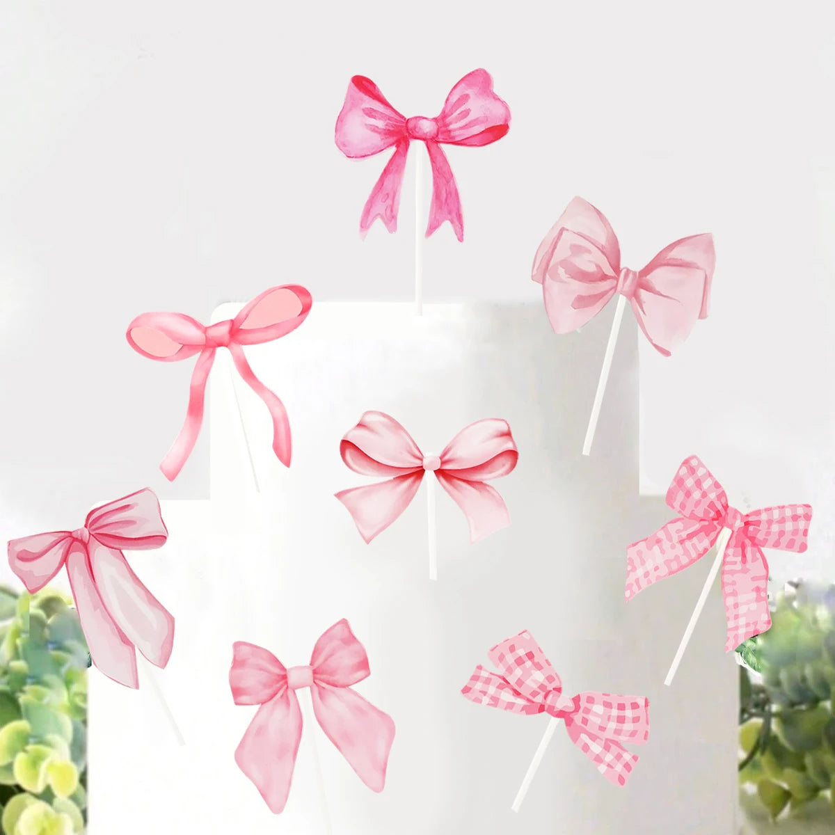 16pcs Pink Bow Shaped Cake Topper Happy Birthday Party Decoration Kids Girl Wedding Baby Shower Party Supplies Cupcake Decor