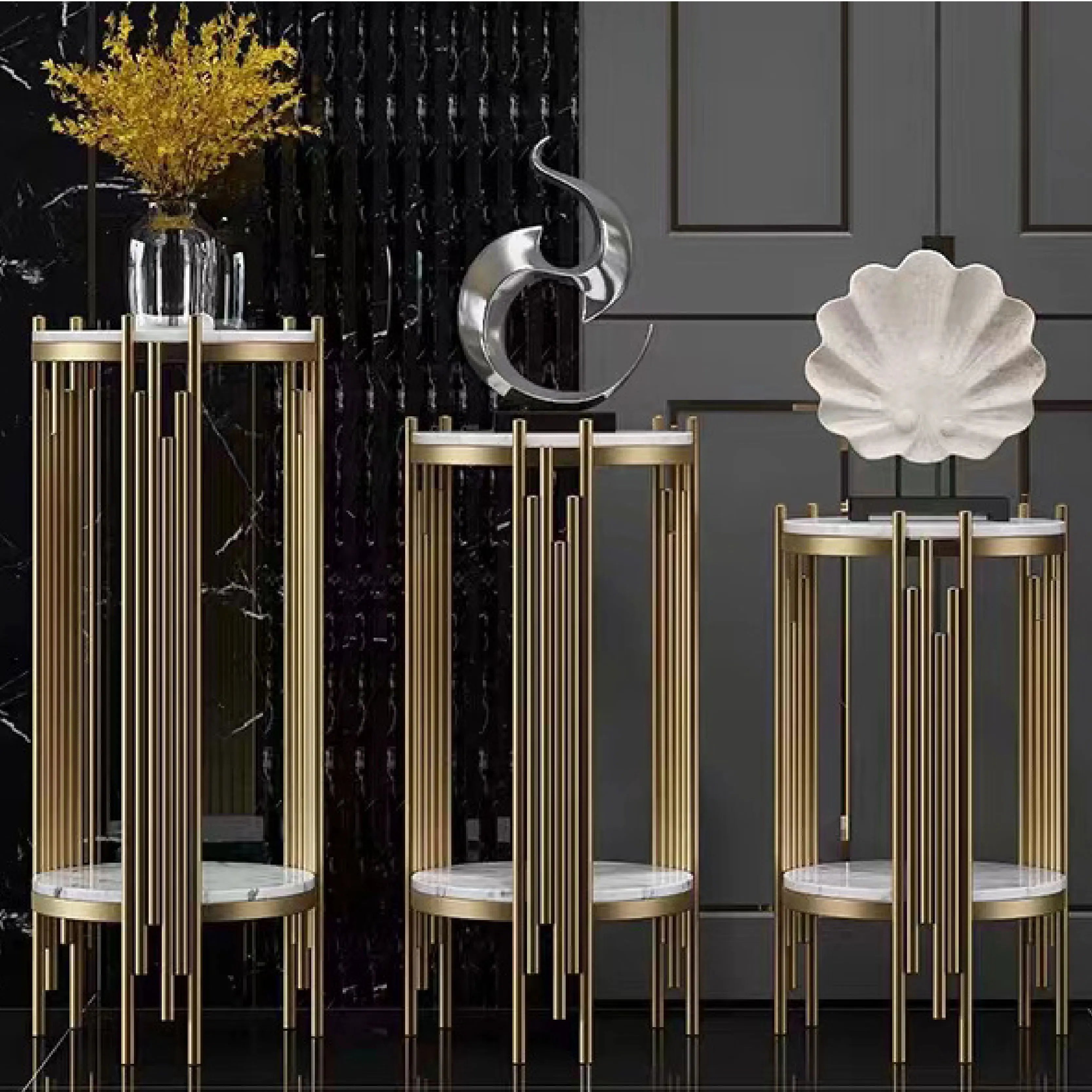 3pcs Gold Round Metal Cylinders Wedding Stands Wedding Cake Flower Display Stands Home Decor Birthday Party Backdrop Supplies