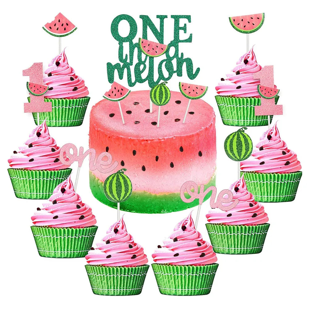 One in a Melon Cupcake Topper Baby Kids 1st Birthday Party Cake Decor Watermelon Themed Party Supplies Baby Shower Girl Birthday