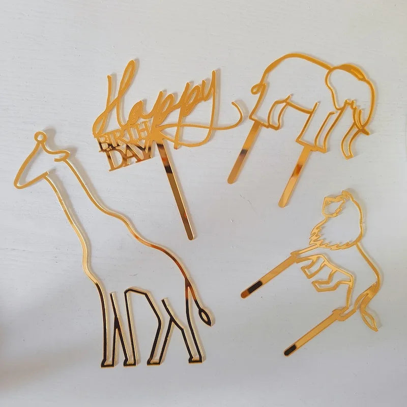 INS Original Animal Theme Happy Birthday Acrylic Cake Topper Gold Giraffe Cake Toppers for Baby Birthday Party Cake Decorations