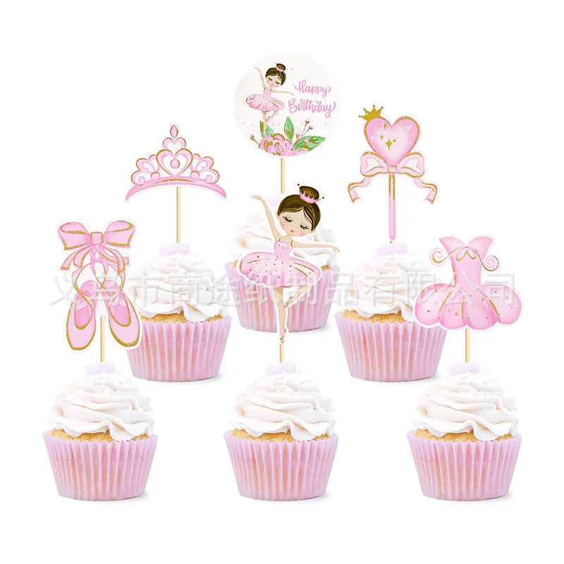 Pink Ballerina Girl Cake Topper Toppers Crown Dress Kids Happy Birthday Wedding Party Baby Shower Baking Cake Dessert DIY Decor