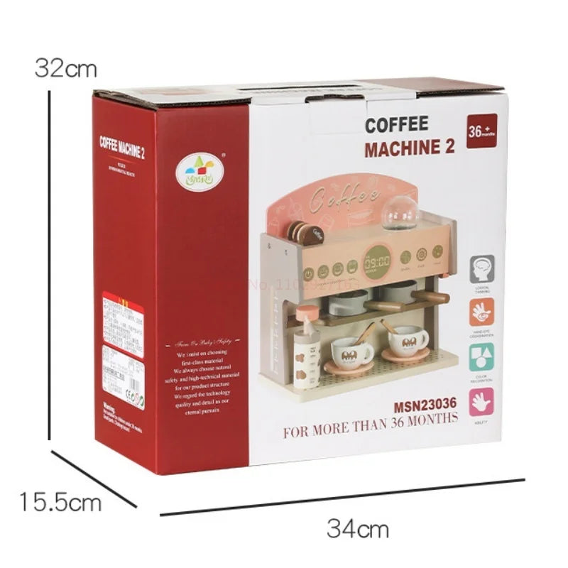 Children Coffee Machine Toy Set Wooden Kitchen Supplies Coffee Machine Model Children Play Simulation Coffee Cake Pretend Toys