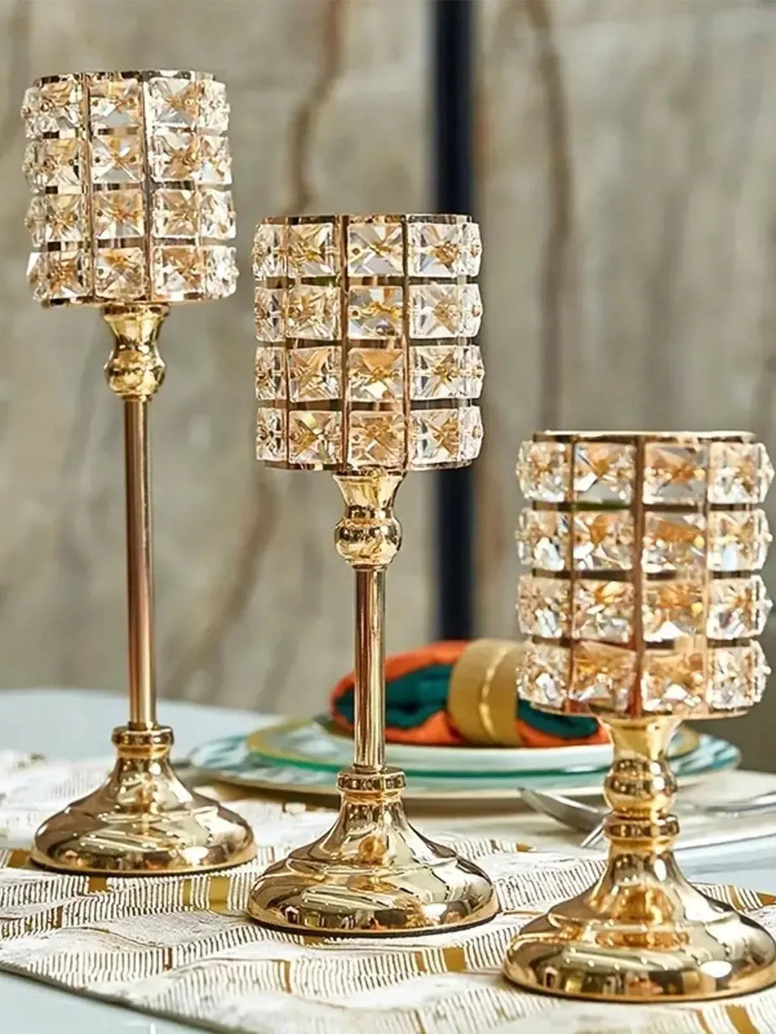 Gold Crystal Candle Holder – 1pc Tealight Candlestick Centerpiece in 3 Sizes