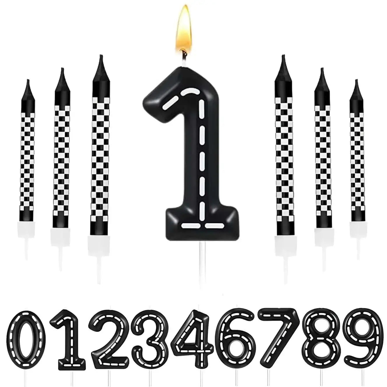 7pcs Racing Car Birthday Candles – Number & Truck Cake Toppers with Black and White Checkered Design