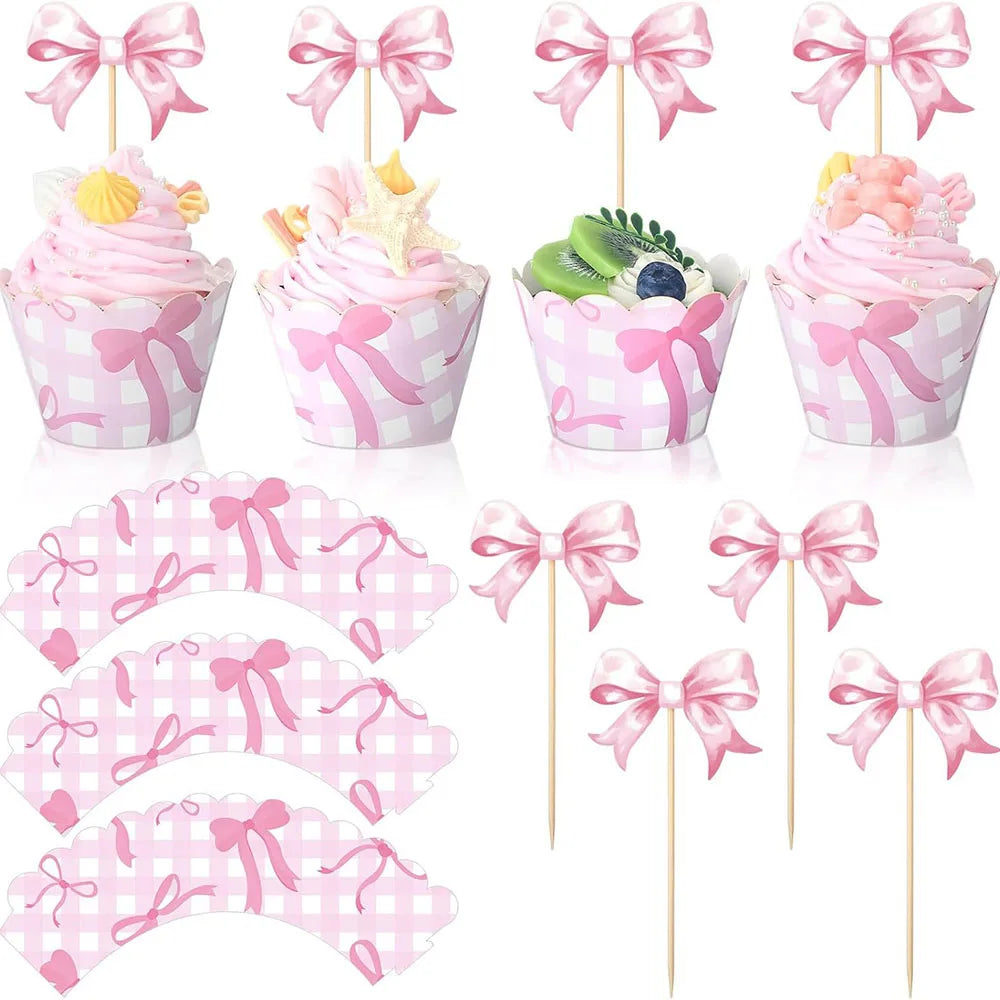 Pink Bow Cupcake Topper Pink Ballet Ribbon Bow Cake Decor Bow Themed Birthday Wedding Baby Shower Cake Topper Decor Supplies