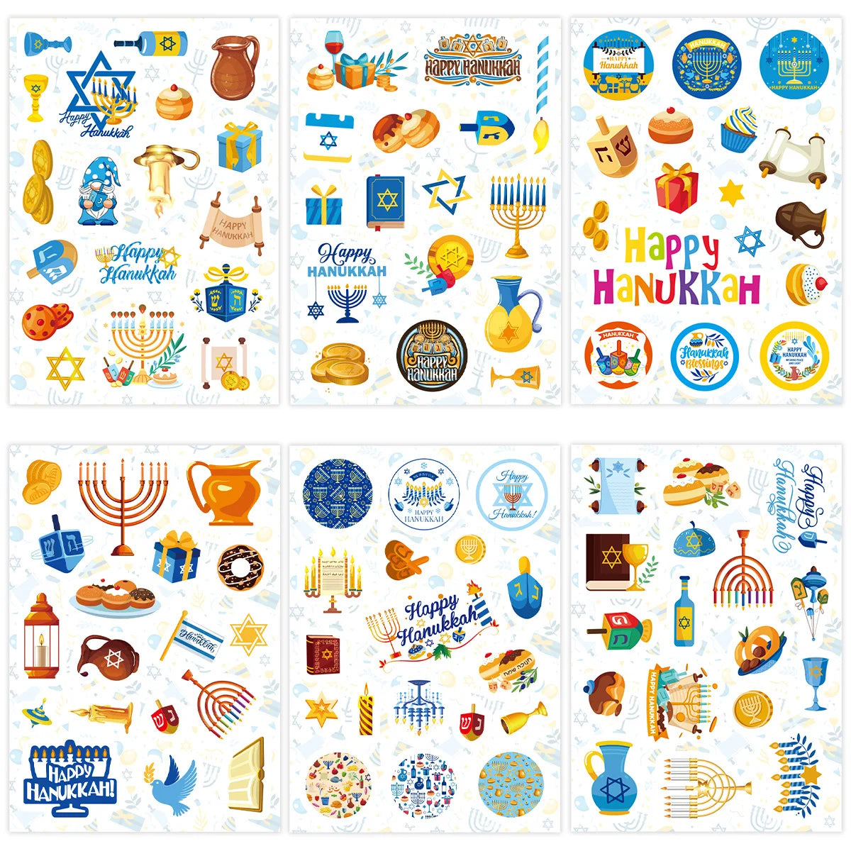 6 Sheets Cartoon Hanukkah Theme Candle Sealing Sticker Chanukah Round Gift Box Label for Jewish Happy Hanukkah Party Decoration
