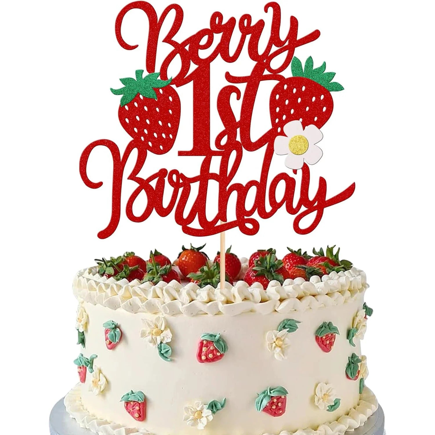 1set Strawberry Cake Topper Happy Birthday Decoration Girl 1st Birthday Party Baby Shower Cake Baking Decoration Supplies