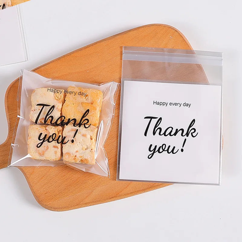 100Pcs Plastic Bag Thank You Cookie Bag Self-Adhesive Candy Bag For Wedding Birthday Party Gift Bag Biscuit Baking Packaging Bag