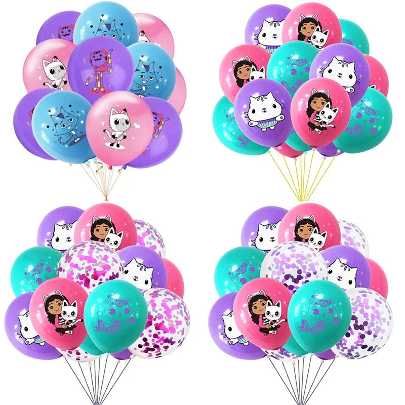 10/15pcs 12 Inch Gabby Dollhouse Cat Latex Sequin Balloon Set Baby Shower Party Balloon Decoration Girl Birthday Party Supplies