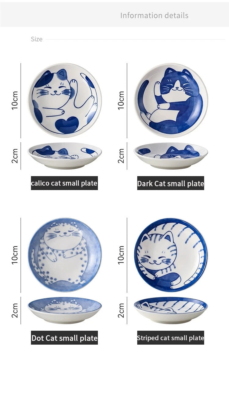 Japanese Style Ceramic Dessert Sauce Dish Tableware Creative Cute Cartoon Lucky Cat Pattern Water Drop Shape Fruit Sushi Plates