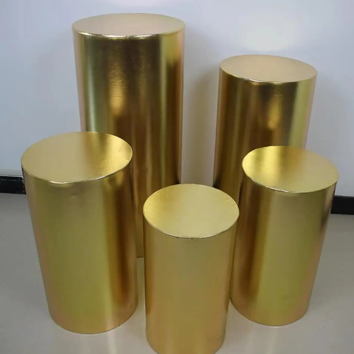 5pcs COVERS for Metal Cylinder Pedestals Covers Backdrop Party Decor Supplies Shiny Colum Cover Cake Table Banner Background
