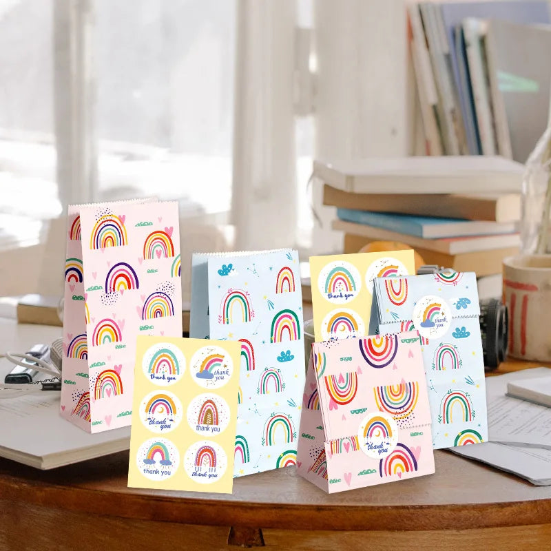 Small Paper Bags Rainbow Printed Candy Cookie Bag Pink Blue Kids Birthday Party Gift Bags Boxes DIY Baking Packaging Supplies