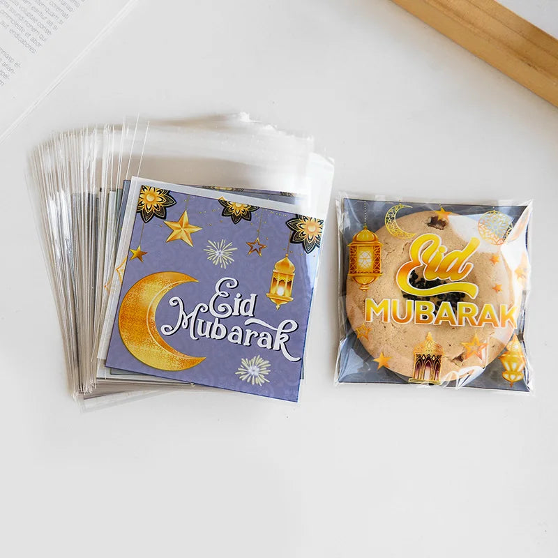 100Pcs Eid Mubarak Candy Cookie Bag Plastic Moon Star Gift Baking Packing Bags 2025 Muslim Islamic Party Supplies Ramadan Kareem