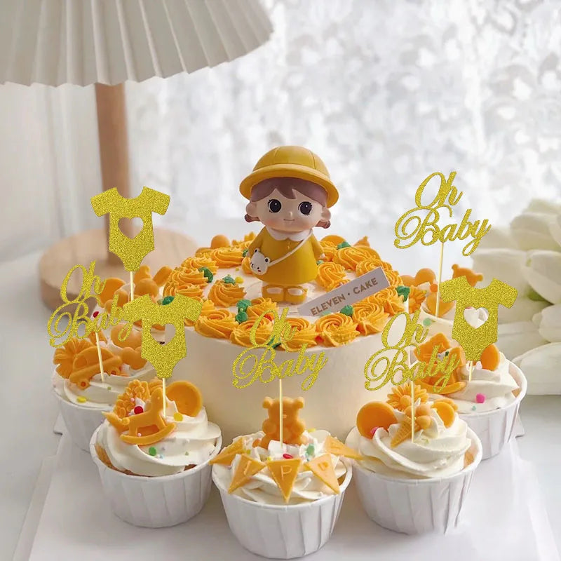 18pcs Glitter Paper Cupcake Toppers Oh Baby Cake Topper 1st Birthday Cake Decor oh Baby Girl Boy Baby Shower Party Cake Supplies