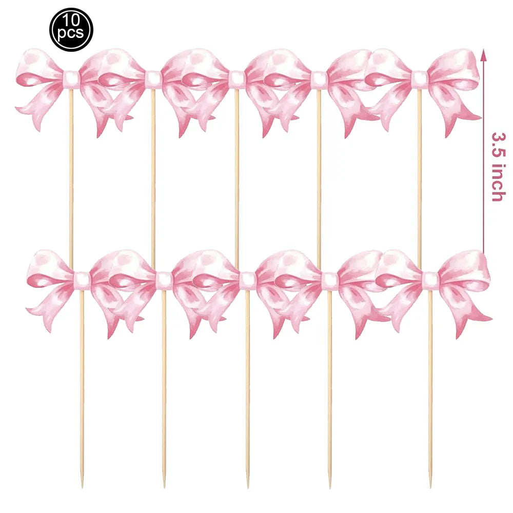 Pink Bow Cupcake Topper Pink Ballet Ribbon Bow Cake Decor Bow Themed Birthday Wedding Baby Shower Cake Topper Decor Supplies