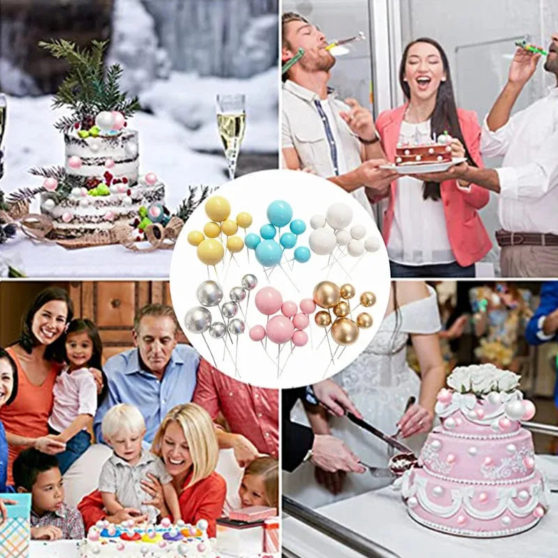 20pcs Gold & Silver Cake Toppers – Happy Birthday Ball Picks for Cupcakes, Wedding & Christmas Decorations