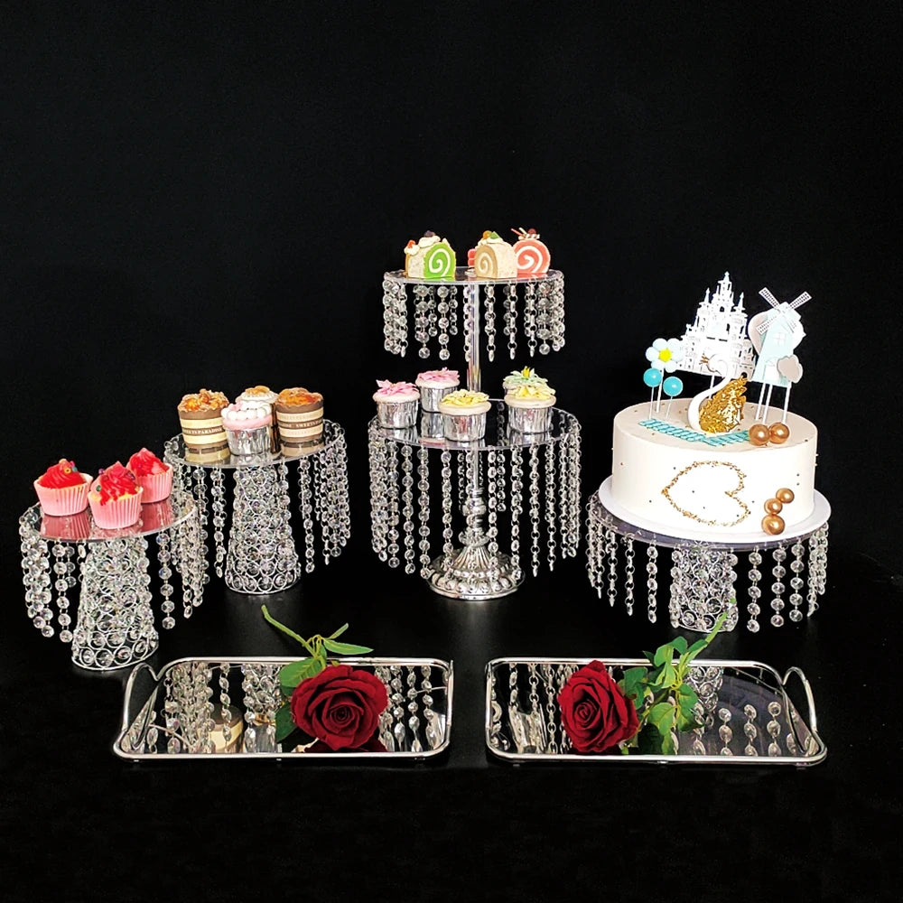 3pcs-9pcs/lot Metal Cake Display Stand Acrylic Plate Crystal Metal Cake Pedestal, Snack Tray, Baking Party Supplies Centerpiece