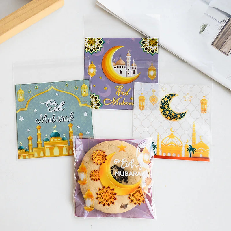 100Pcs Eid Mubarak Candy Cookie Bag Plastic Moon Star Gift Baking Packing Bags 2025 Muslim Islamic Party Supplies Ramadan Kareem
