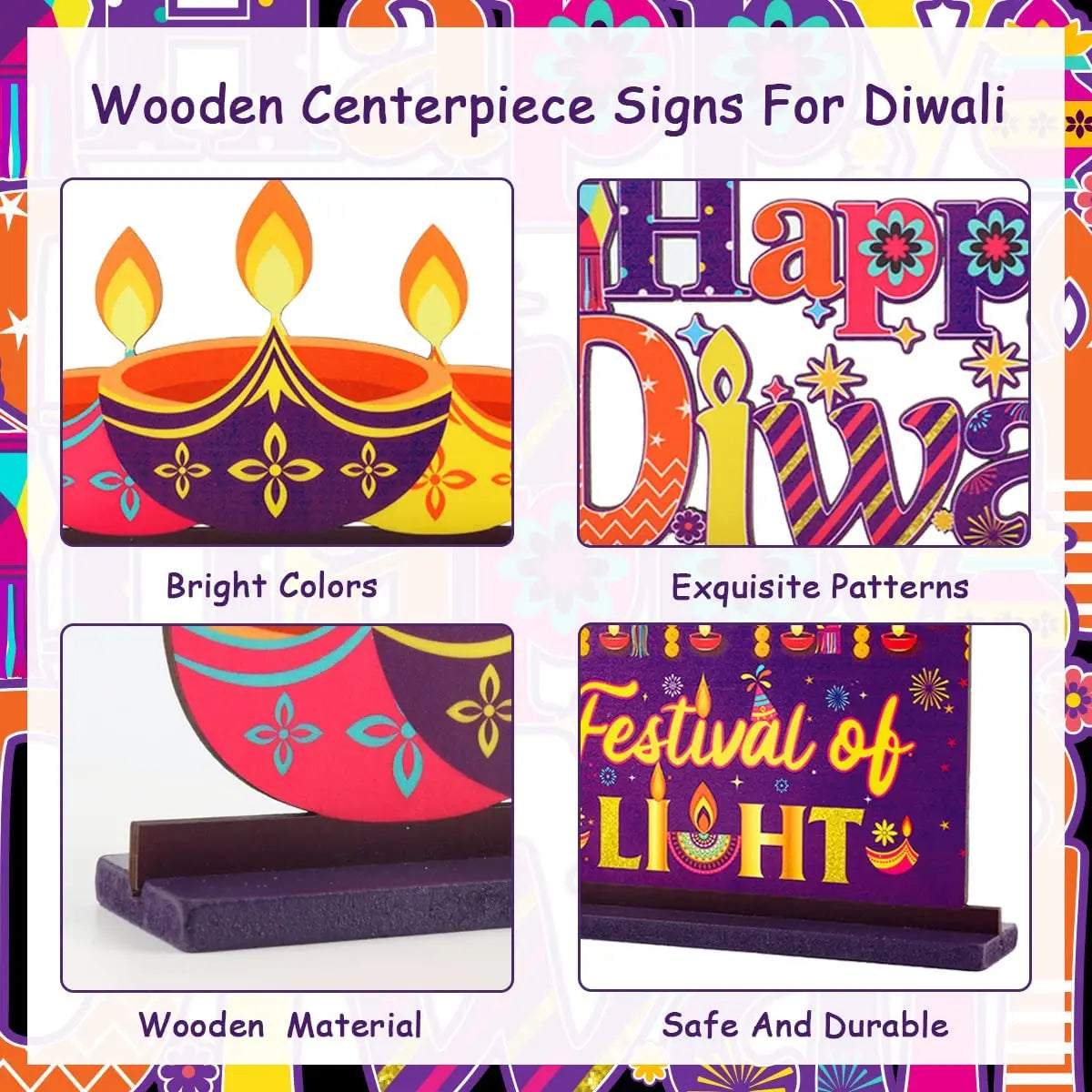 Cheereveal 3 Pcs Happy Diwali Table Decorations Indian Deepawali Wooden Centerpieces Ornament for Hindu Festival of Lights Decor