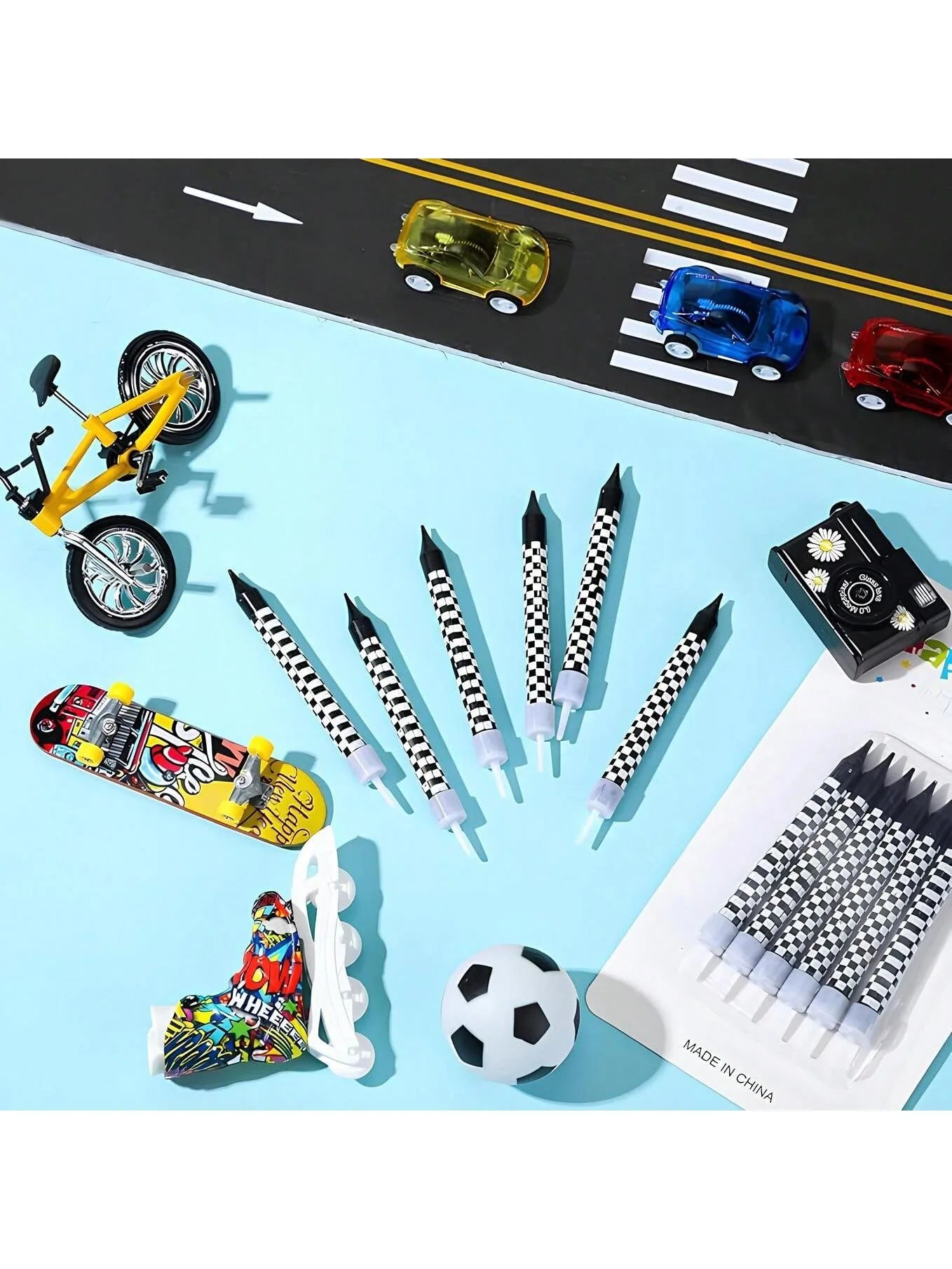 7pcs Racing Car Birthday Candles – Number & Truck Cake Toppers with Black and White Checkered Design