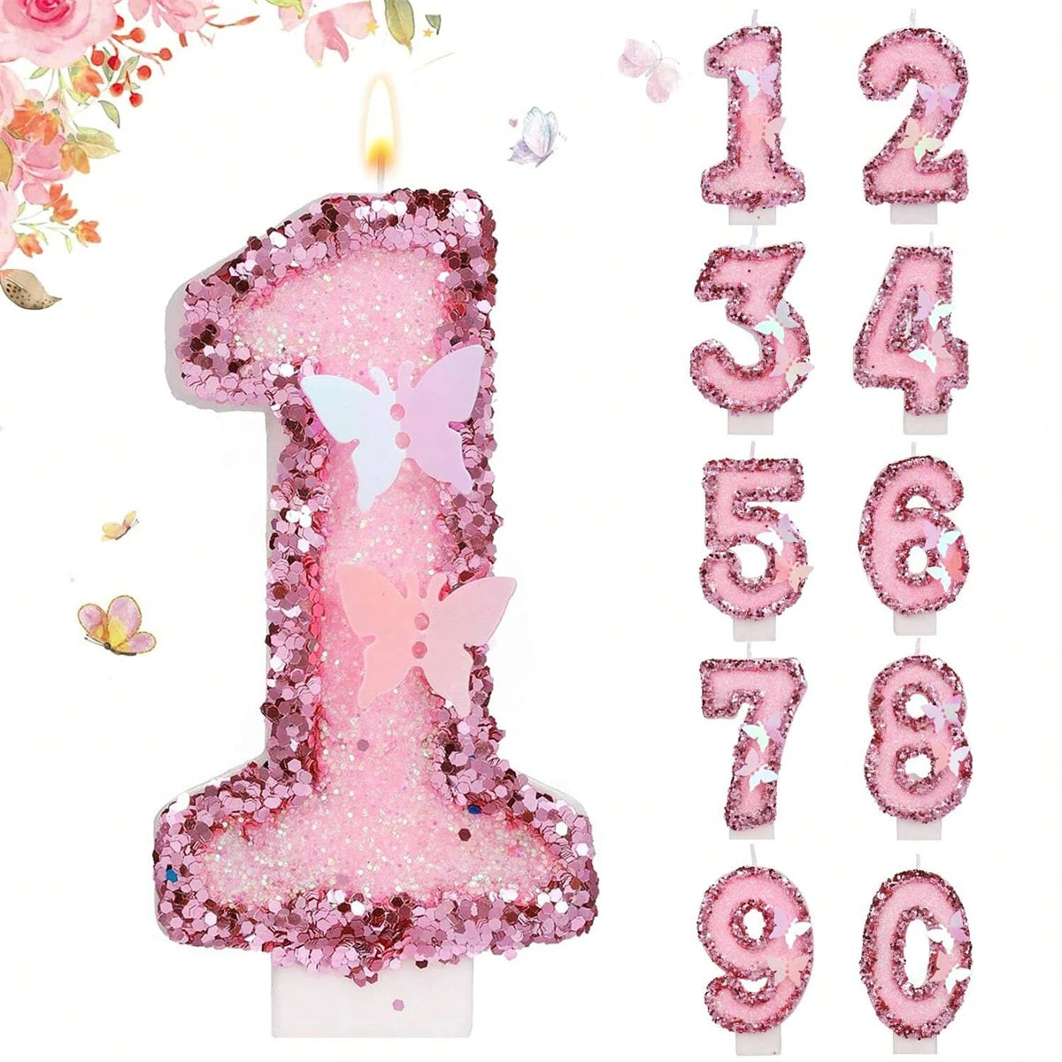 2.9inch Glitter Pink Butterfly Decorated Birthday Number Candle, Cake Decoration Sequin Butterfly Happy Birthday Gift Candles