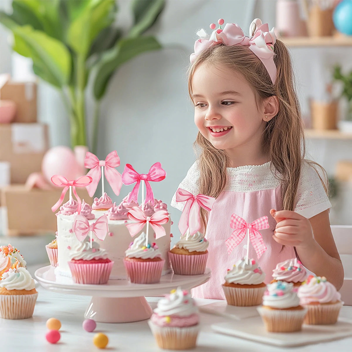 16pcs Pink Bow Shaped Cake Topper Happy Birthday Party Decoration Kids Girl Wedding Baby Shower Party Supplies Cupcake Decor