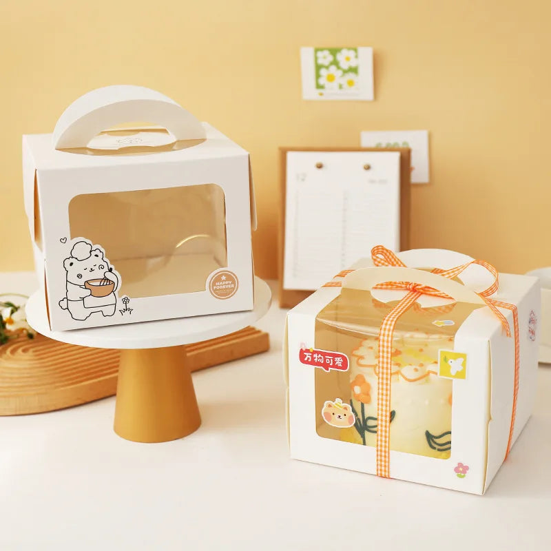 100Pcs/Lot 4 Inch Cartoon Window White Cake Box With Handle Kraft Paper Cheese Cake Box Kids Birthday Wedding Home Party Supply
