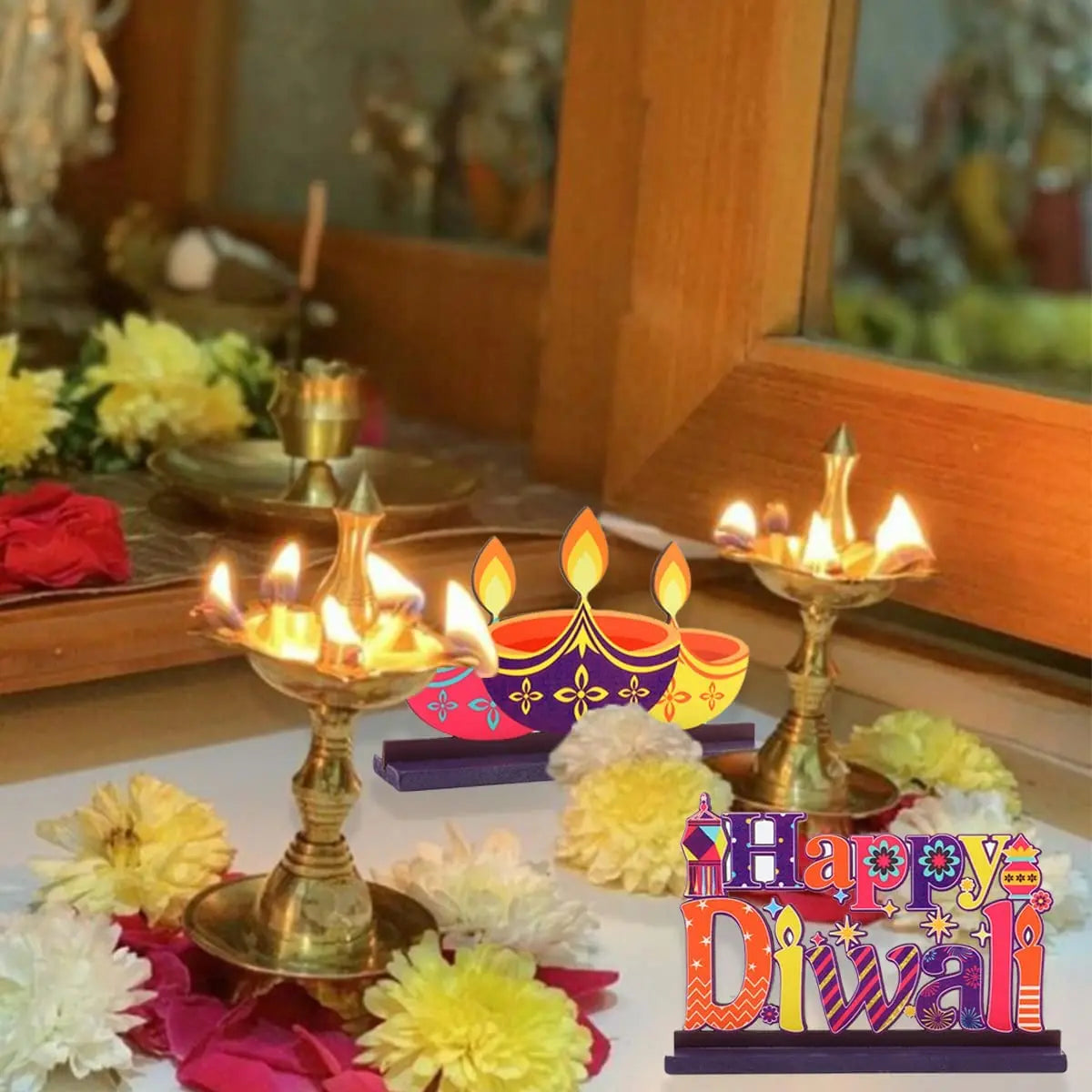 Cheereveal 3 Pcs Happy Diwali Table Decorations Indian Deepawali Wooden Centerpieces Ornament for Hindu Festival of Lights Decor