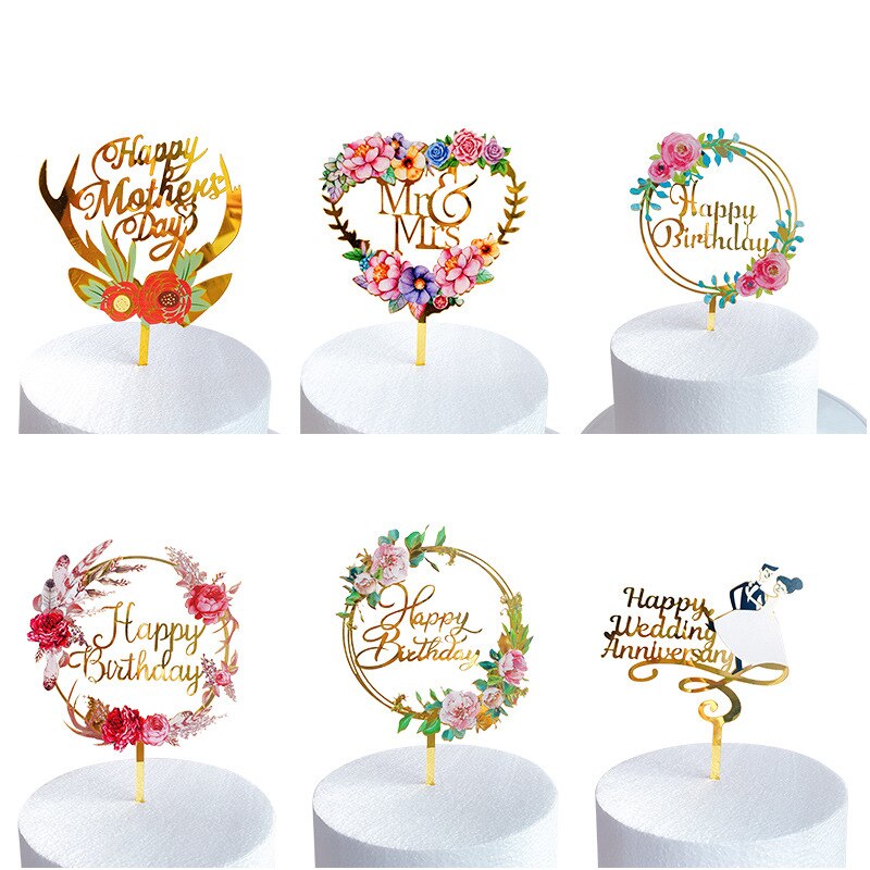 Happy Birthday Cake Topper Gold Acrylic Cake Topper decoration Wedding Party Baking DIY Dessert Cake Decor