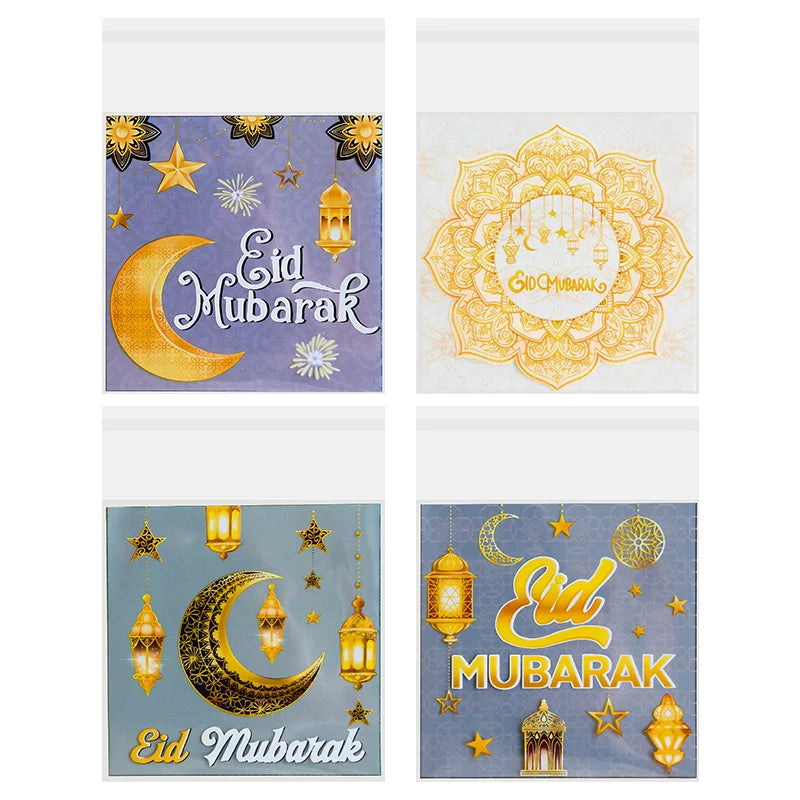 100Pcs Eid Mubarak Candy Cookie Bag Plastic Moon Star Gift Baking Packing Bags 2025 Muslim Islamic Party Supplies Ramadan Kareem