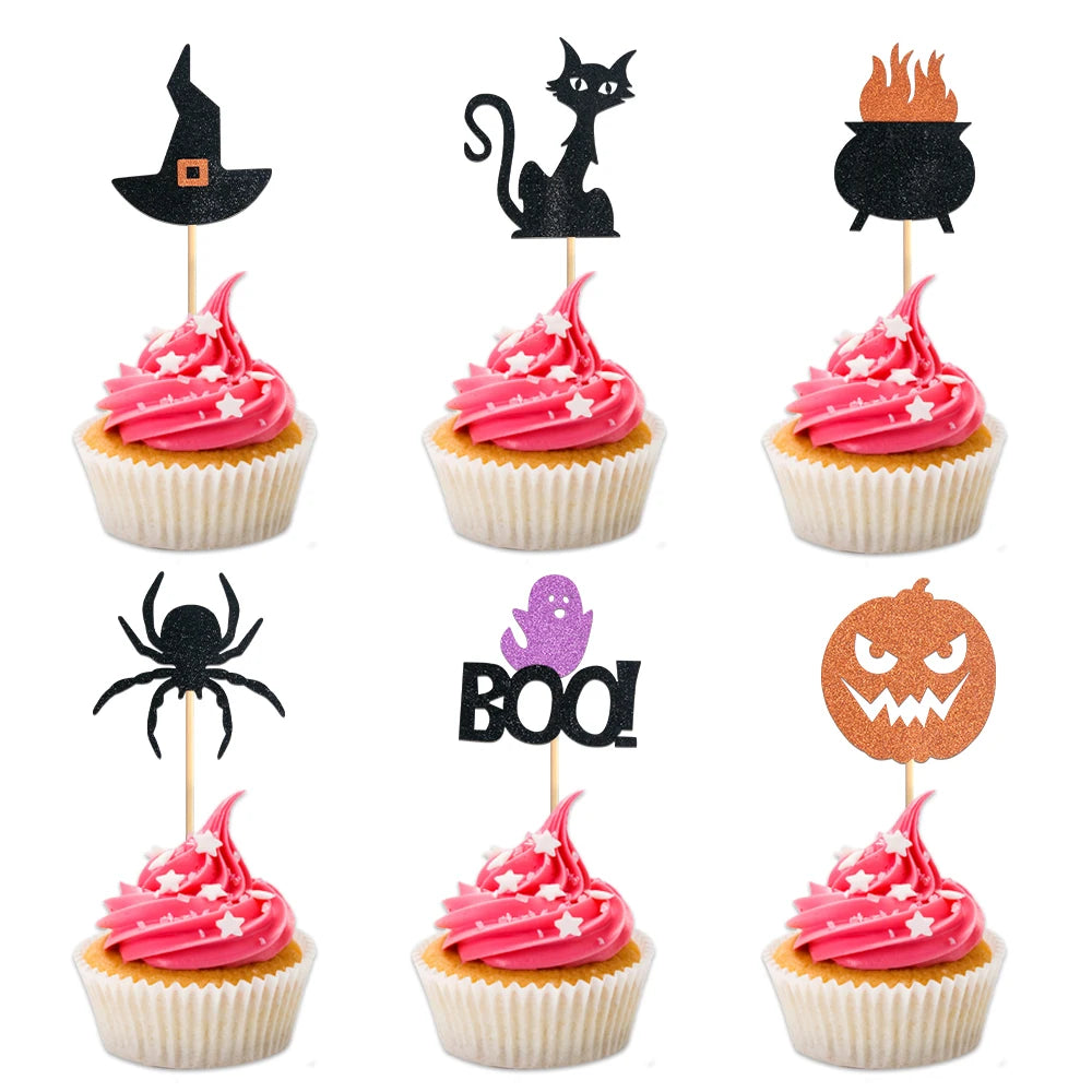 Halloween Cupcake Toppers Glitter Ghost Pumpkin Cat Boo Witch cake Picks for Happy Halloween Theme birthday party Baking Decor