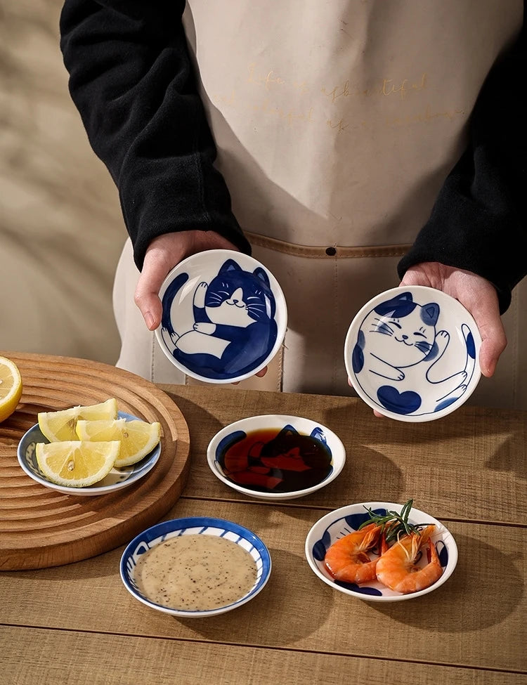 Japanese Style Ceramic Dessert Sauce Dish Tableware Creative Cute Cartoon Lucky Cat Pattern Water Drop Shape Fruit Sushi Plates