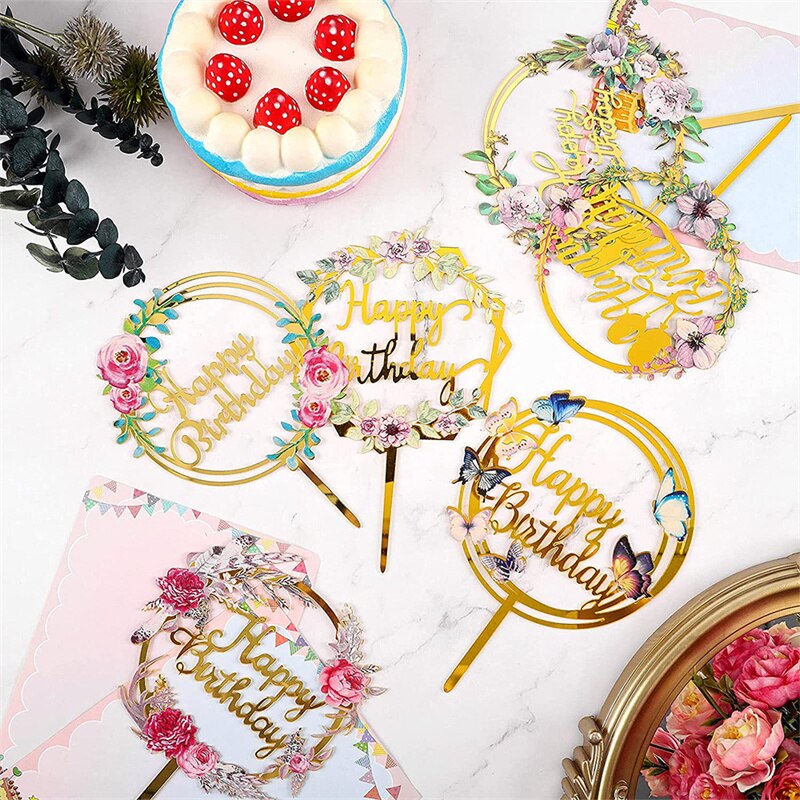Happy Birthday Cake Topper Gold Acrylic Cake Topper decoration Wedding Party Baking DIY Dessert Cake Decor