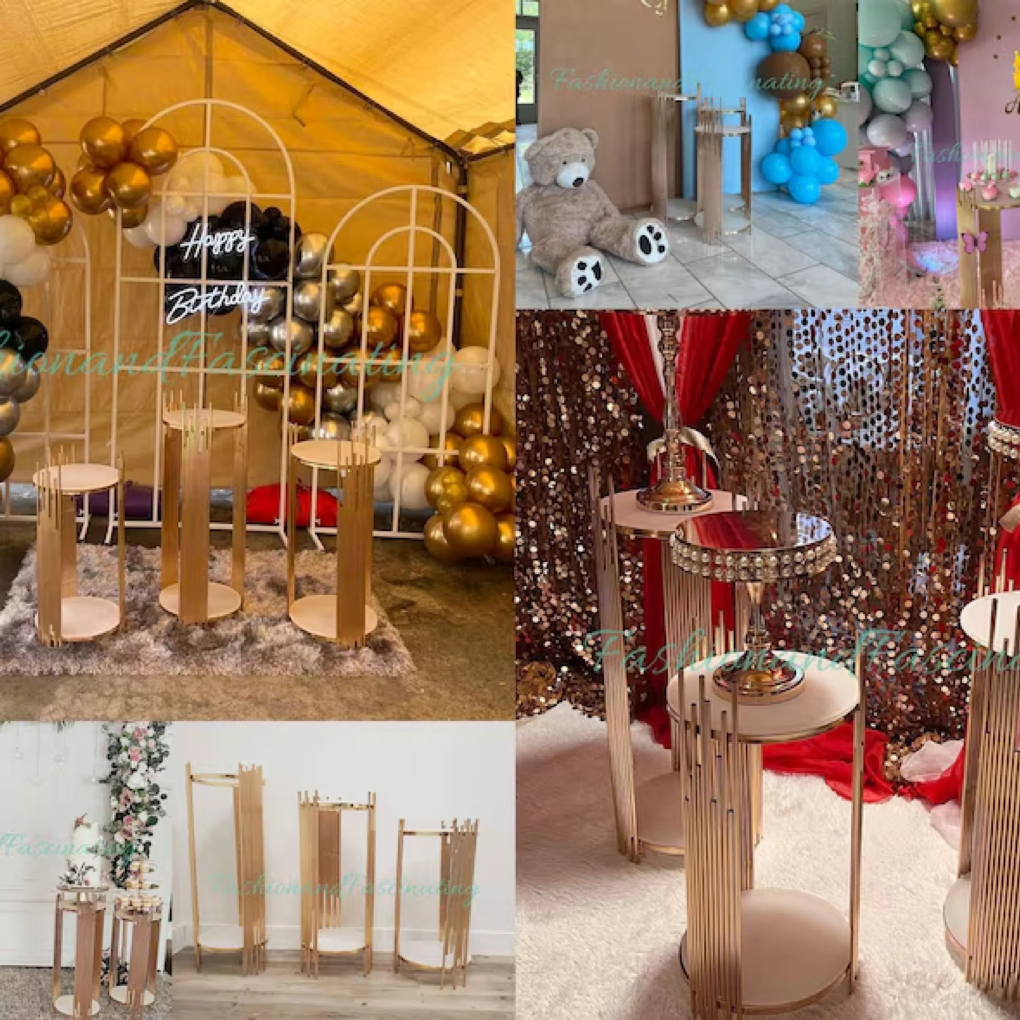 3pcs Gold Round Metal Cylinders Wedding Stands Wedding Cake Flower Display Stands Home Decor Birthday Party Backdrop Supplies