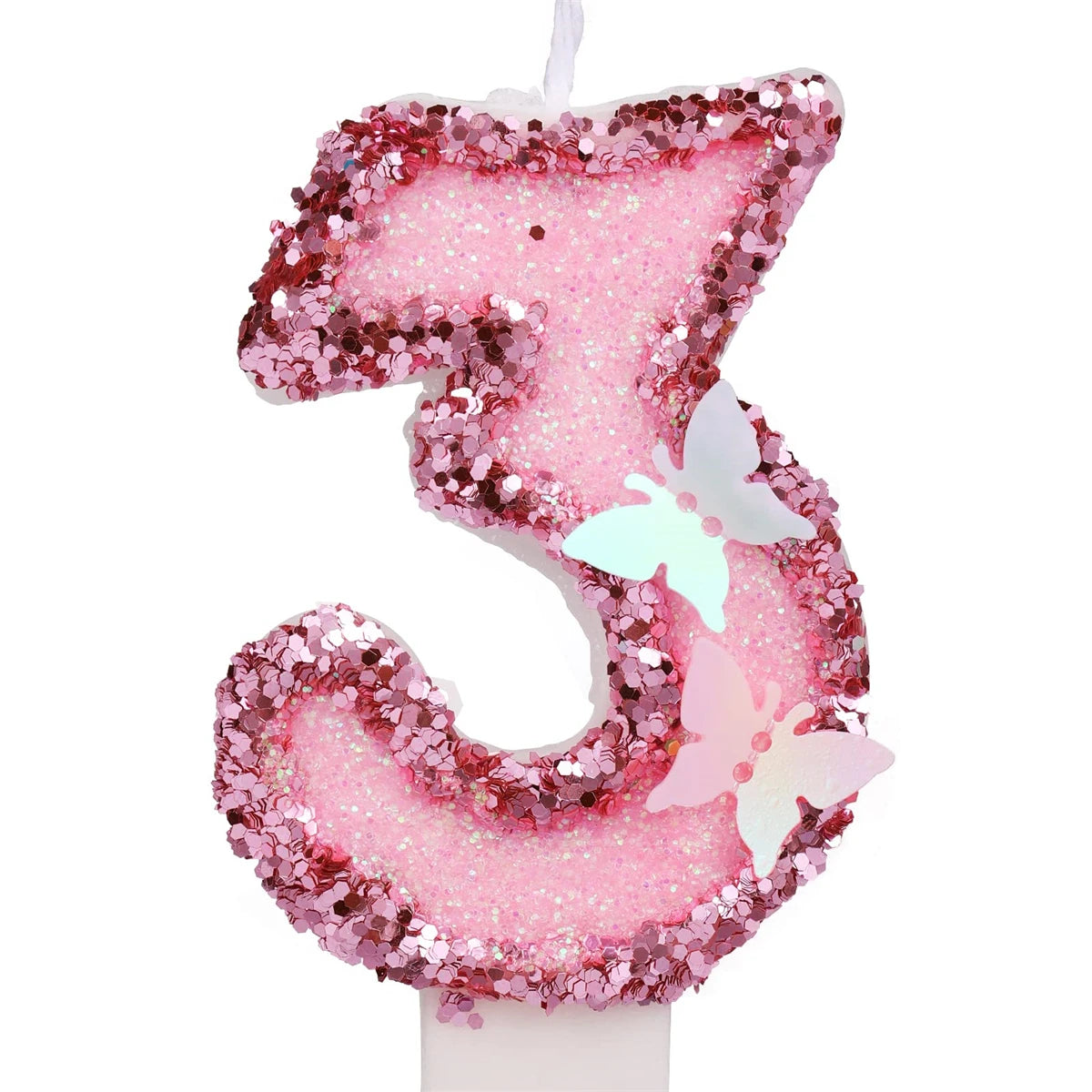 2.9inch Glitter Pink Butterfly Decorated Birthday Number Candle, Cake Decoration Sequin Butterfly Happy Birthday Gift Candles