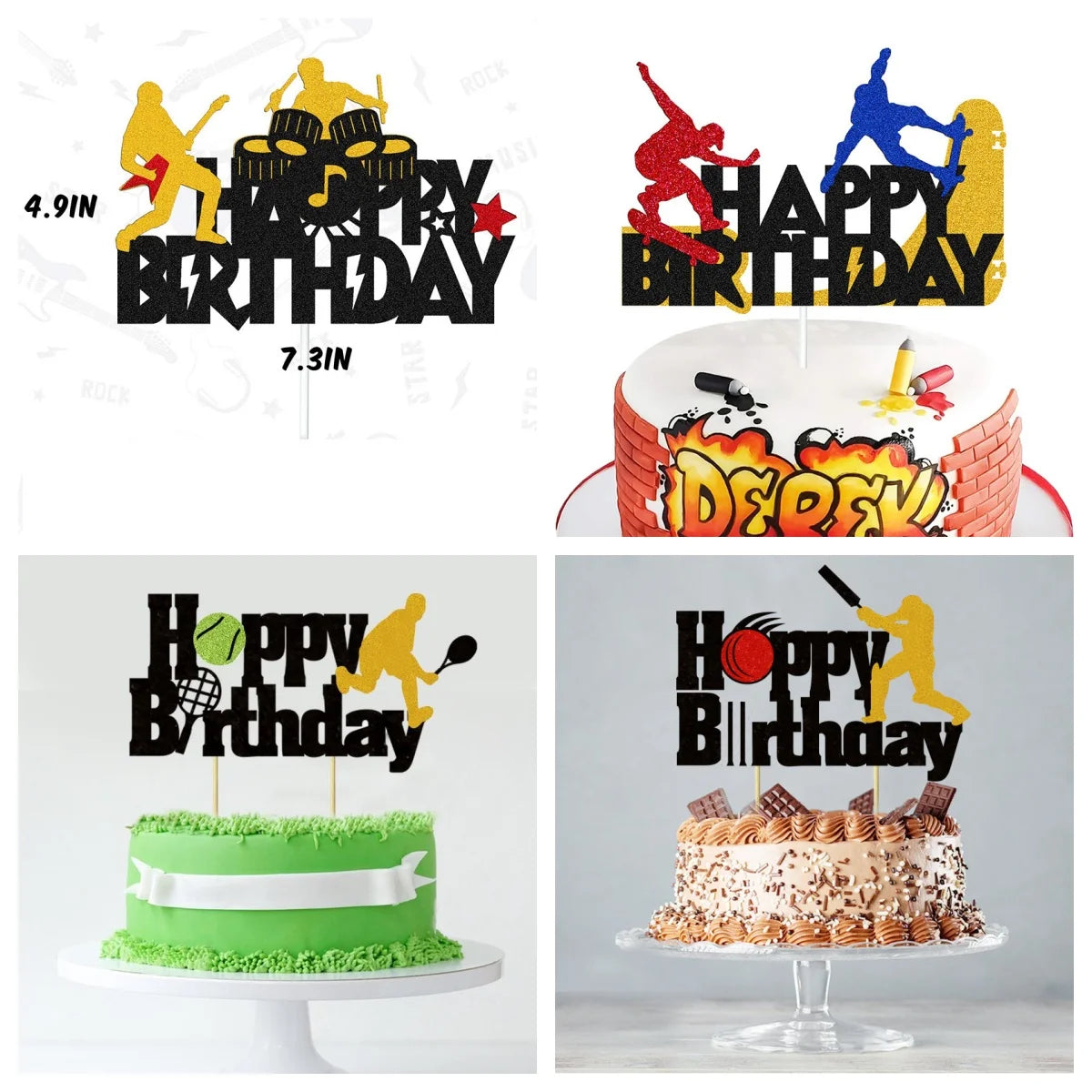 Cricket, Basketball, Football & Guitar Cake Toppers – Sports Theme Birthday Cupcake Picks for Party Decorations & DIY Baking