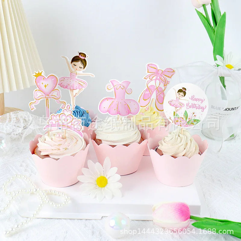 Pink Ballerina Girl Cake Topper Toppers Crown Dress Kids Happy Birthday Wedding Party Baby Shower Baking Cake Dessert DIY Decor