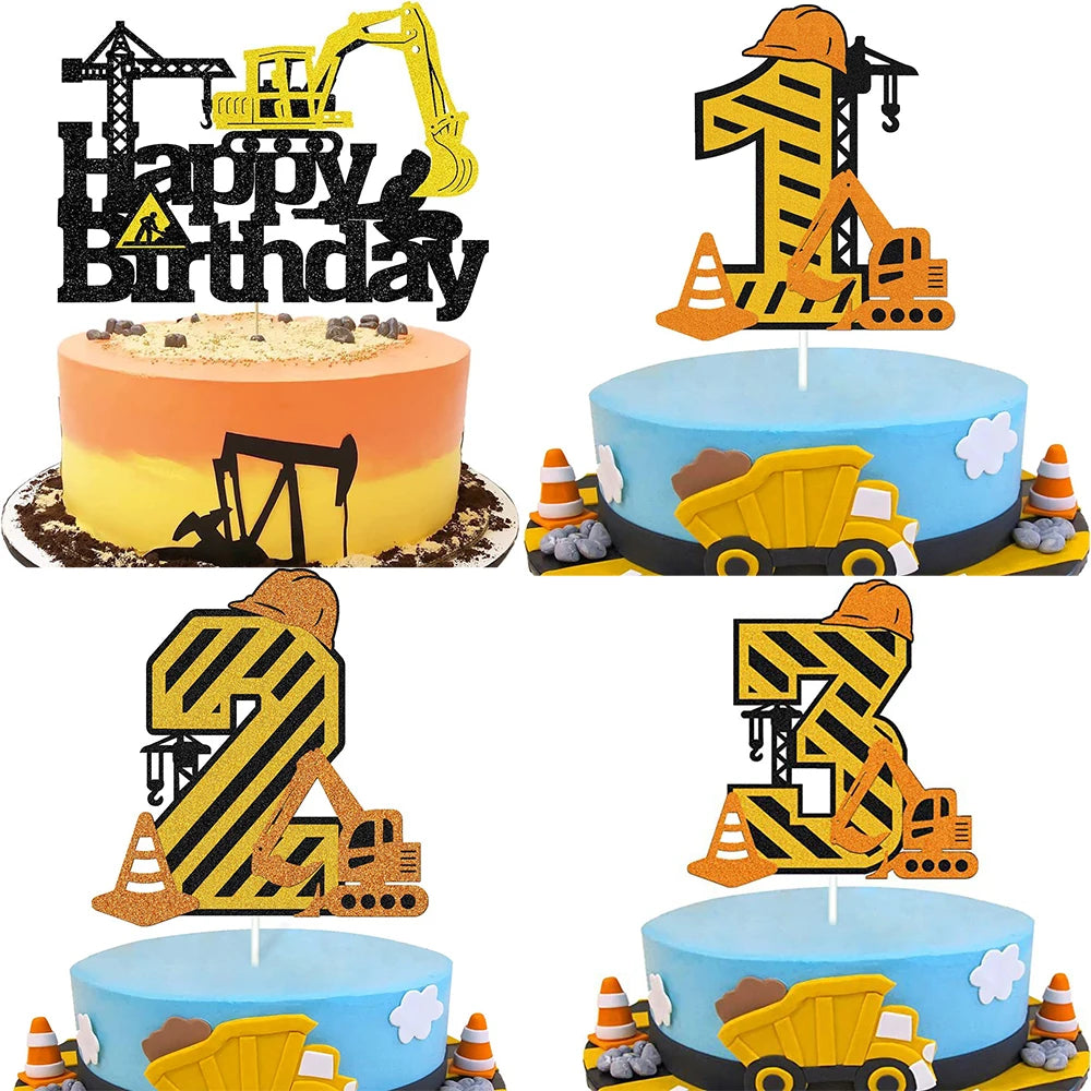 Construction Excavator 1 2 3 4th Happy Birthday Cake Topper Digging Machine Crane Baby Shower Kids Engineering Party Supplies