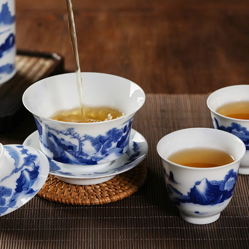 GUANFU (GUANFU) Guanfu Museum Hand Cake Blue and Flower Landscape Kangxi Style Jingdezhen Household Bowl Set Wen Fang Supplies P